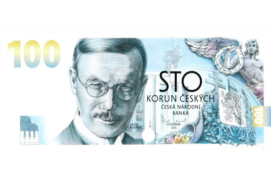 Pamätná bankovka 2026 k zavedeniu československej meny Vilém Pospíšil Pamätná bankovka 2026 k zavedeniu československej meny Vilém Pospíšil