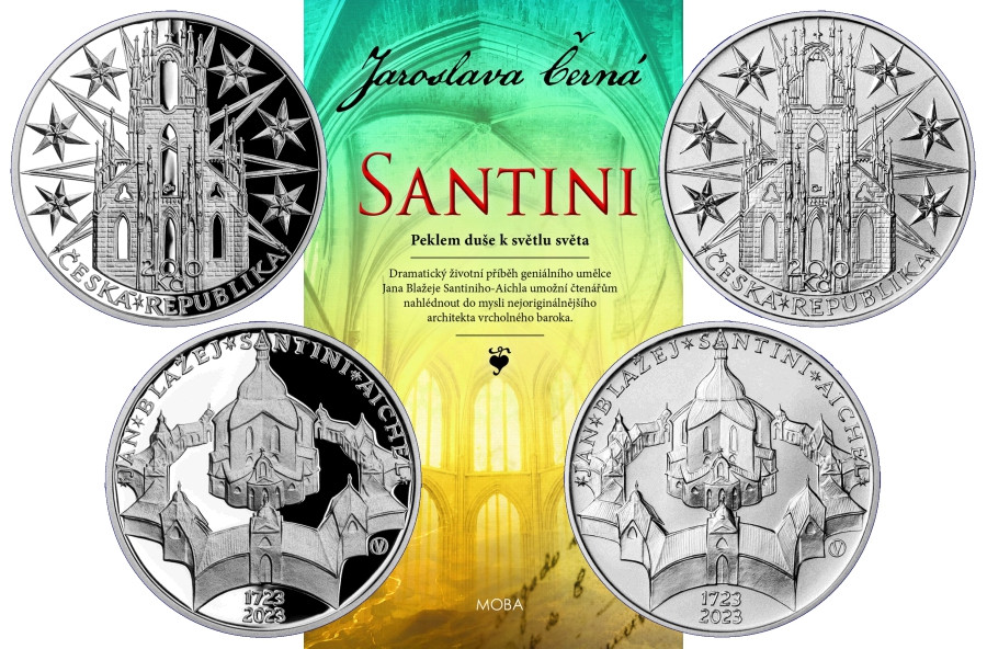 Sada dvoch strieborných mincí ČNB 200 Kč Jan Blažej Santini + kniha Peklo duše na svetlo sveta