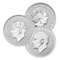 Sada 3 strieborných mincí Britannia 1 oz Elizabeth II., Charles III. a Korunovácia (2023)